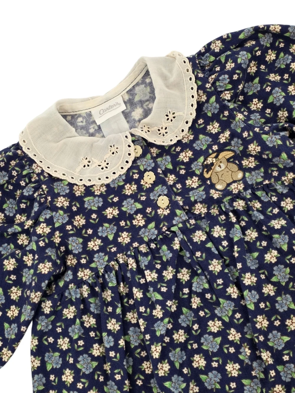 Carter’s Baby Floral Romper Peter Pan Collar Embroidery Bear Vtg 90s Cottagecore